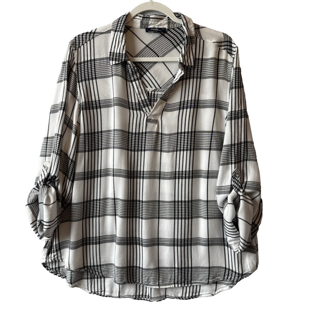 Angels‎ Forever Young Plaid Roll Tab Sleeve Collared Pullover Soft Top 1X Chic